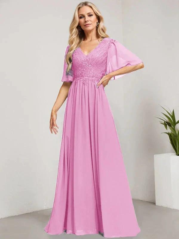 A-line V-Neck Floor-Length Lace Chiffon Mother of the Bride Dress With Sequins by Dreamylily