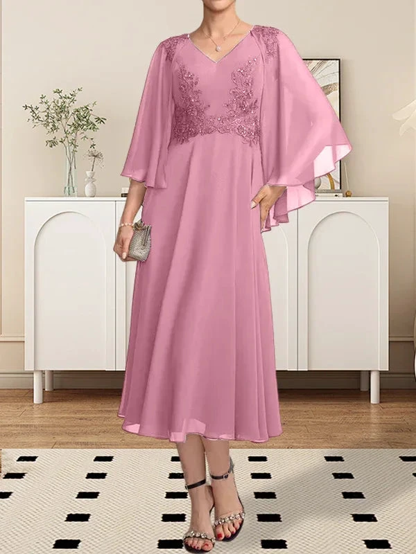A-line V-Neck Tea-Length Chiffon Lace Mother of the Bride Dress With Beading Sequins by Dreamylily