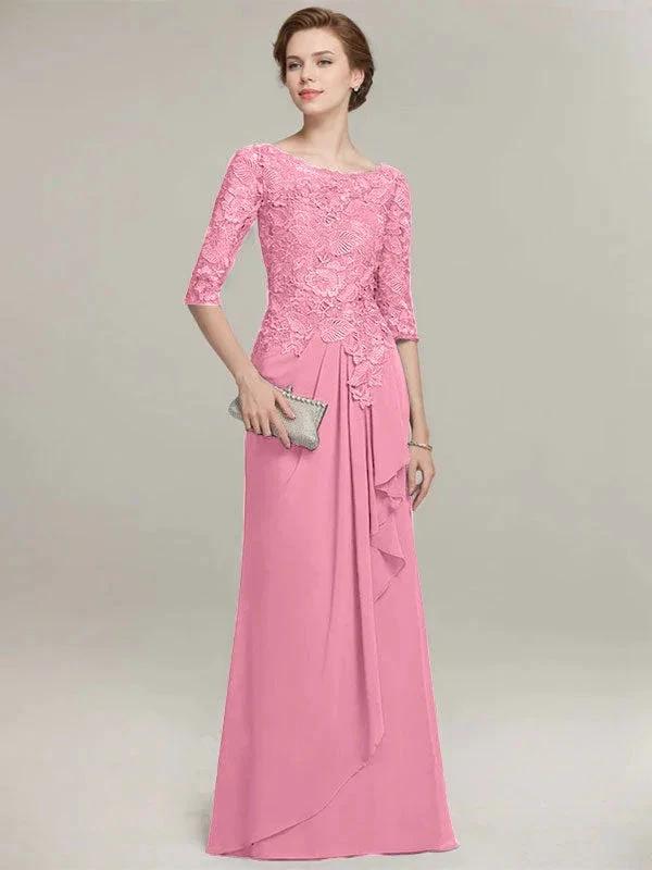 A-line Scoop Illusion Floor-Length Lace Chiffon Mother of the Bride Dress With Cascading Ruffles by Dreamylily