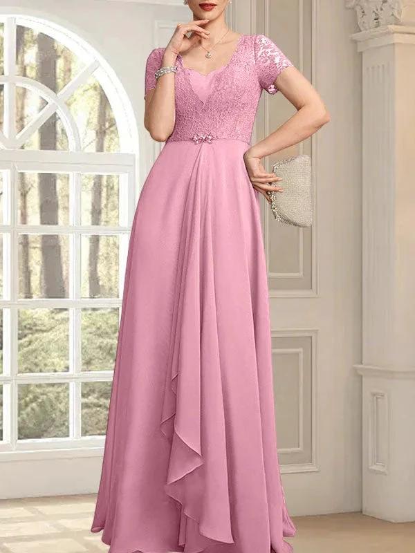 A-line Sweetheart Floor-Length Chiffon Lace Mother of the Bride Dress With Beading Cascading Ruffles by Dreamylily