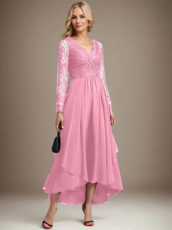 A-line V-Neck Asymmetrical Lace Chiffon Mother of the Bride Dress by Dreamylily