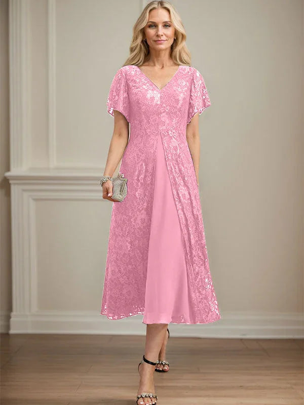 A-line V-Neck Tea-Length Lace Chiffon Mother of the Bride Dress by Dreamylily