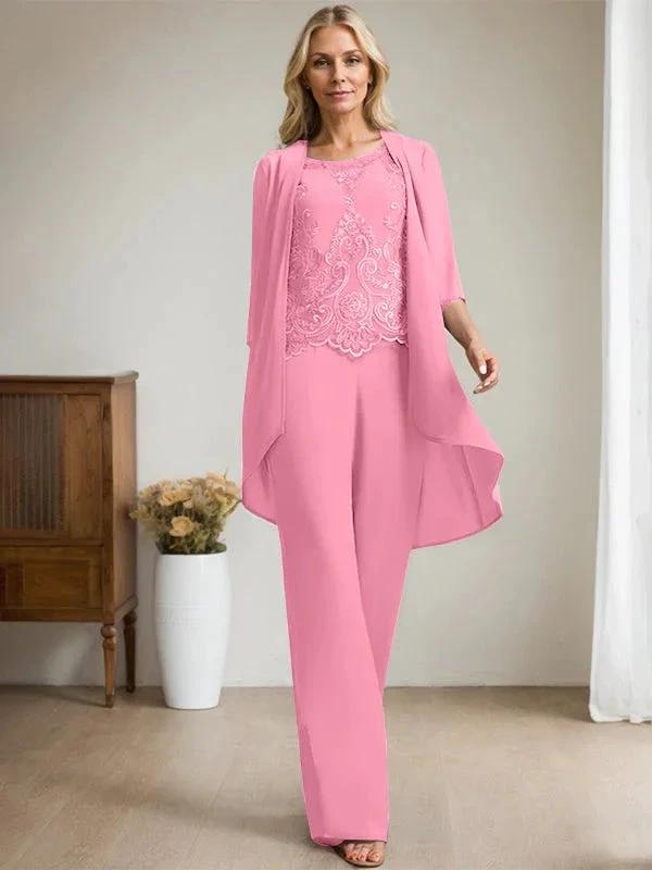 Separates Jumpsuit/Pantsuit Scoop Floor-Length Chiffon Lace Mother of the Bride Dress With Beading Sequins by Dreamylily