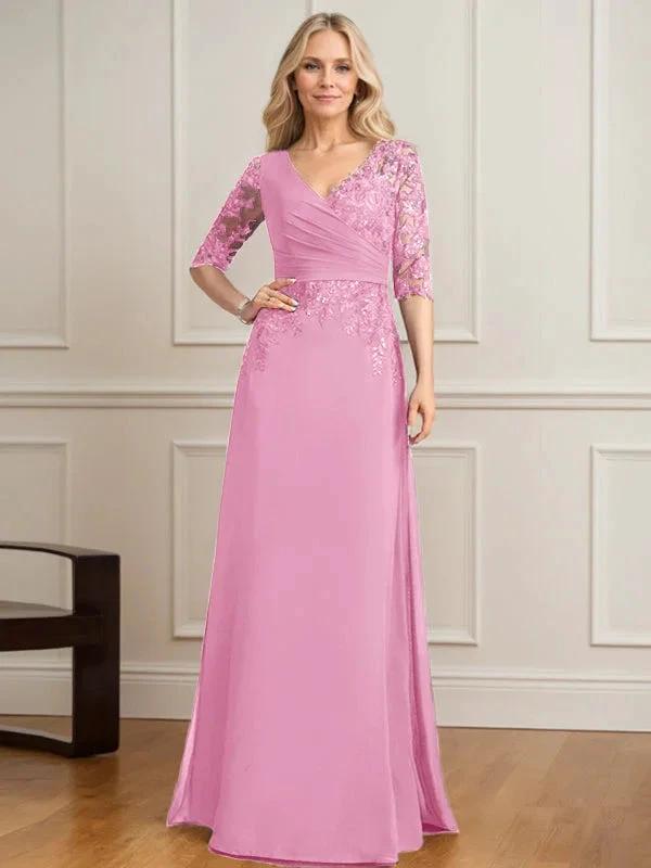 A-line V-Neck Floor-Length Lace Chiffon Mother of the Bride Dress With Pleated Sequins by Dreamylily