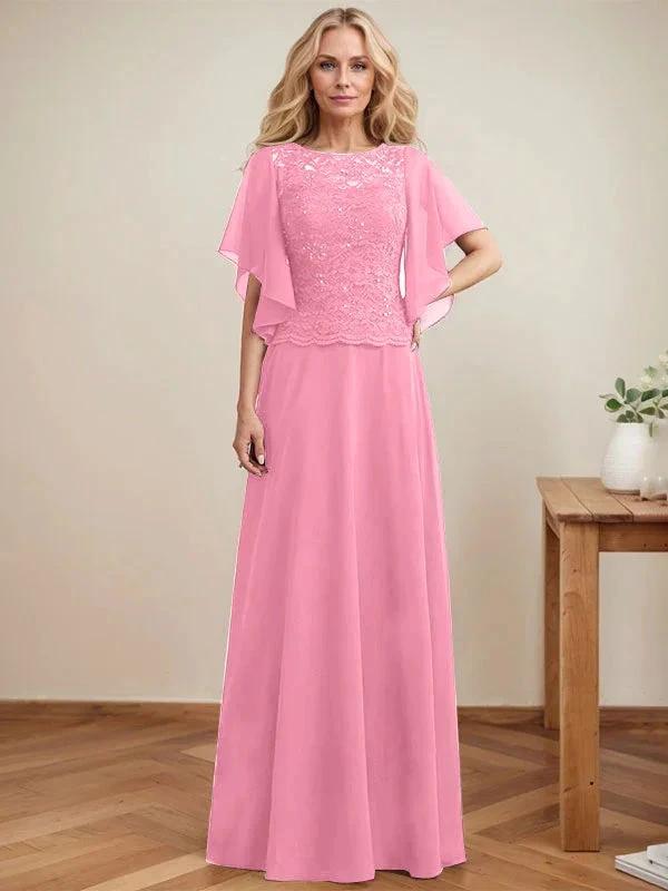 A-line Scoop Illusion Floor-Length Lace Chiffon Mother of the Bride Dress With Sequins by Dreamylily