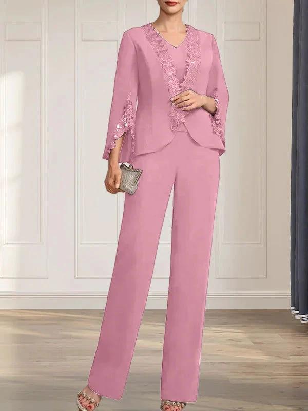 Separates Jumpsuit/Pantsuit V-Neck Floor-Length Chiffon Mother of the Bride Dress by Dreamylily