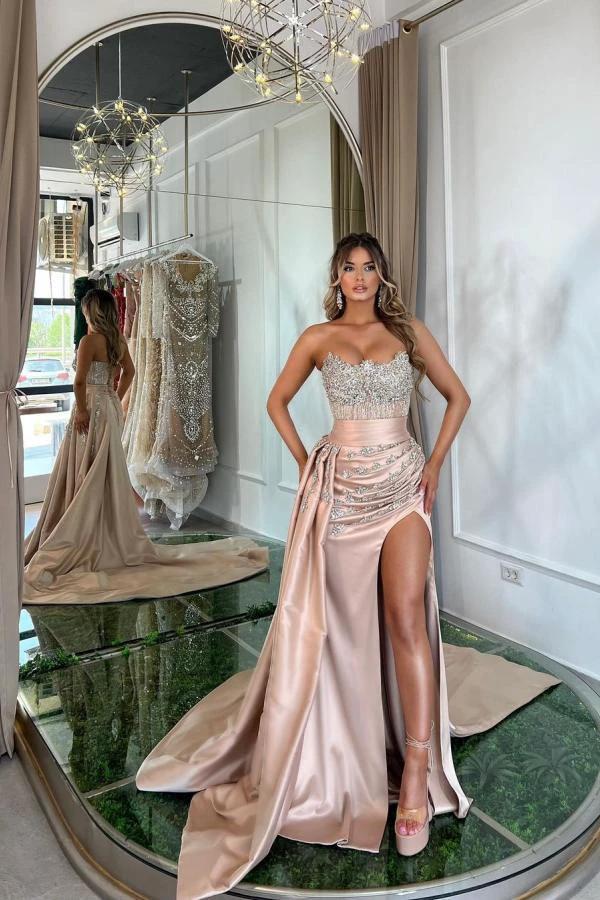 Pink Mermaid Strapless Satin Beading Long Prom Dresses With Split by BIZTUNNEL