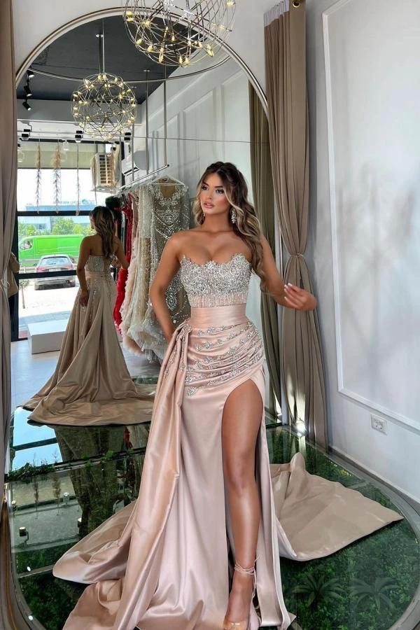 Pink Mermaid Strapless Satin Beading Long Prom Dresses With Split by BIZTUNNEL