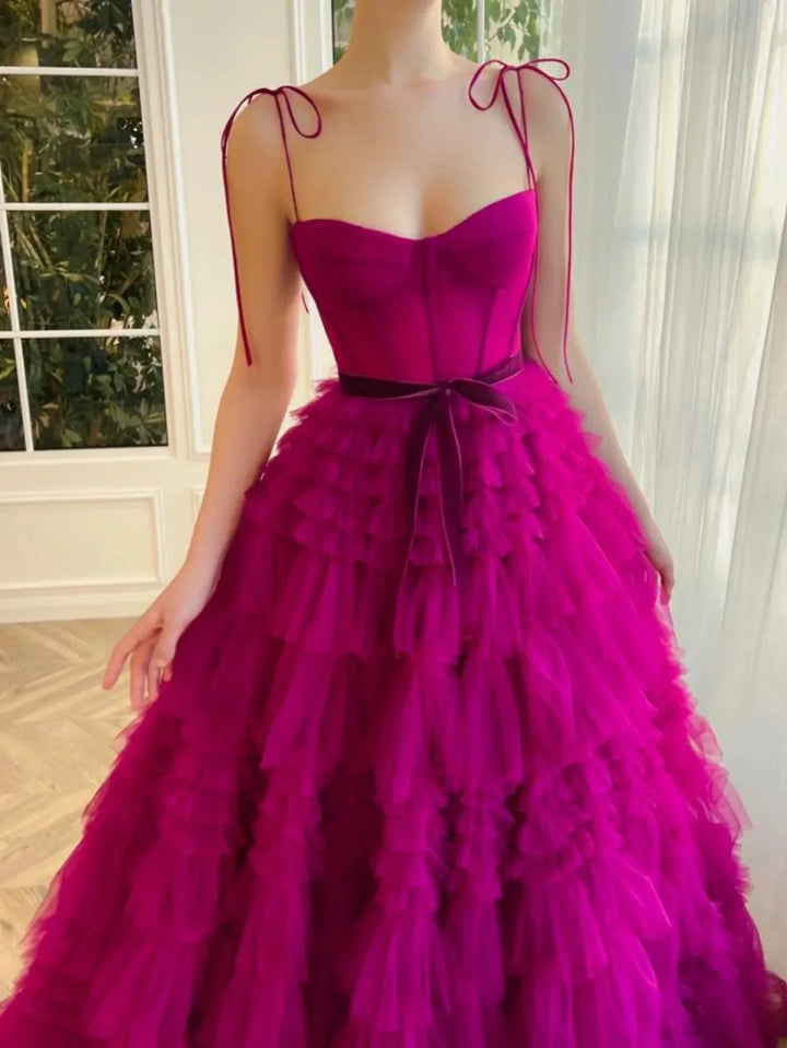 Blair |A Line Strapless Fuchsia Tiered Long Tulle Prom Dress by KissProm