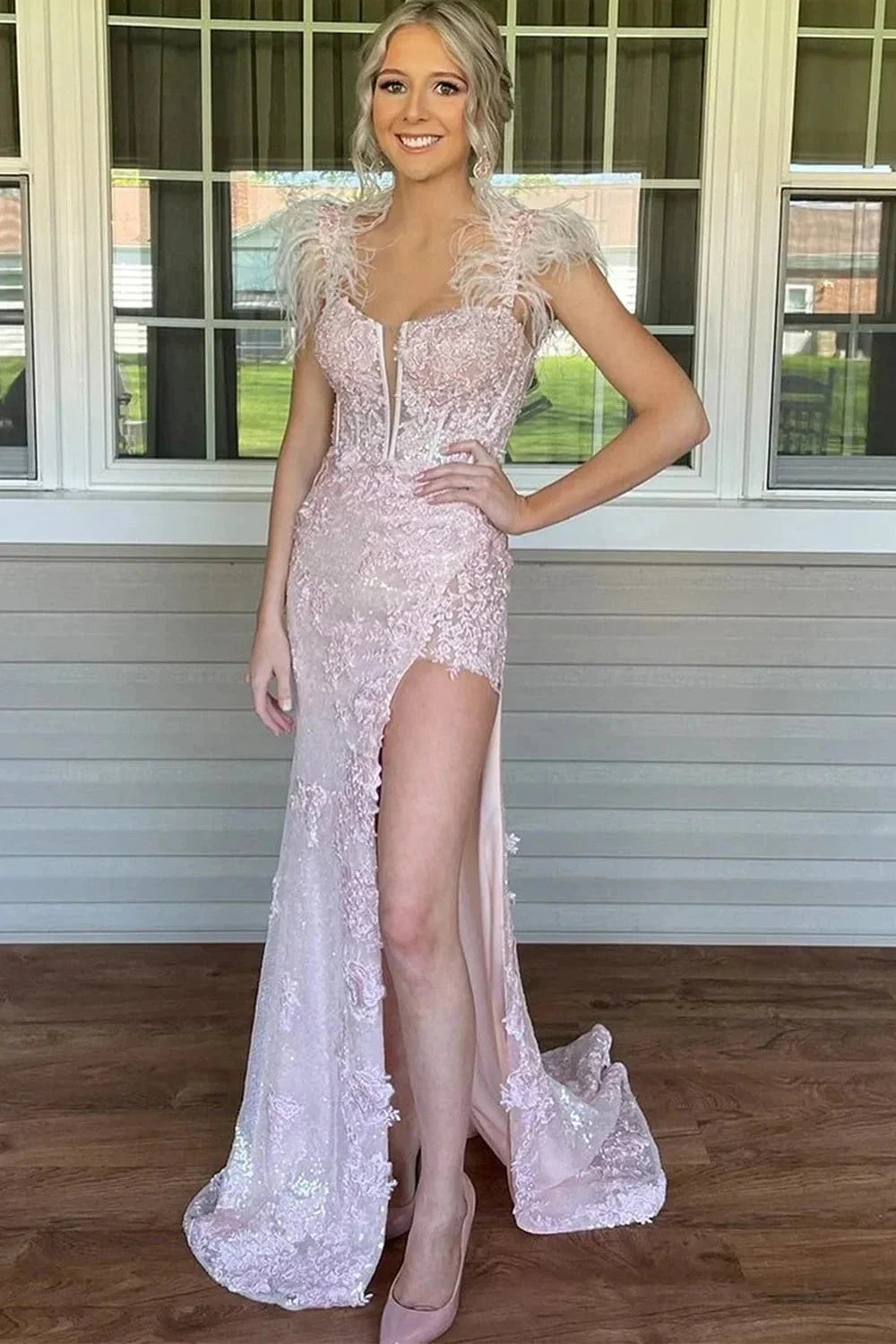 Pink Appliques Mermaid Split Prom Dress with Feathers PSK498 by pgmdress