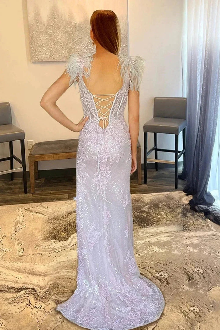 Pink Appliques Mermaid Split Prom Dress with Feathers PSK498 by pgmdress
