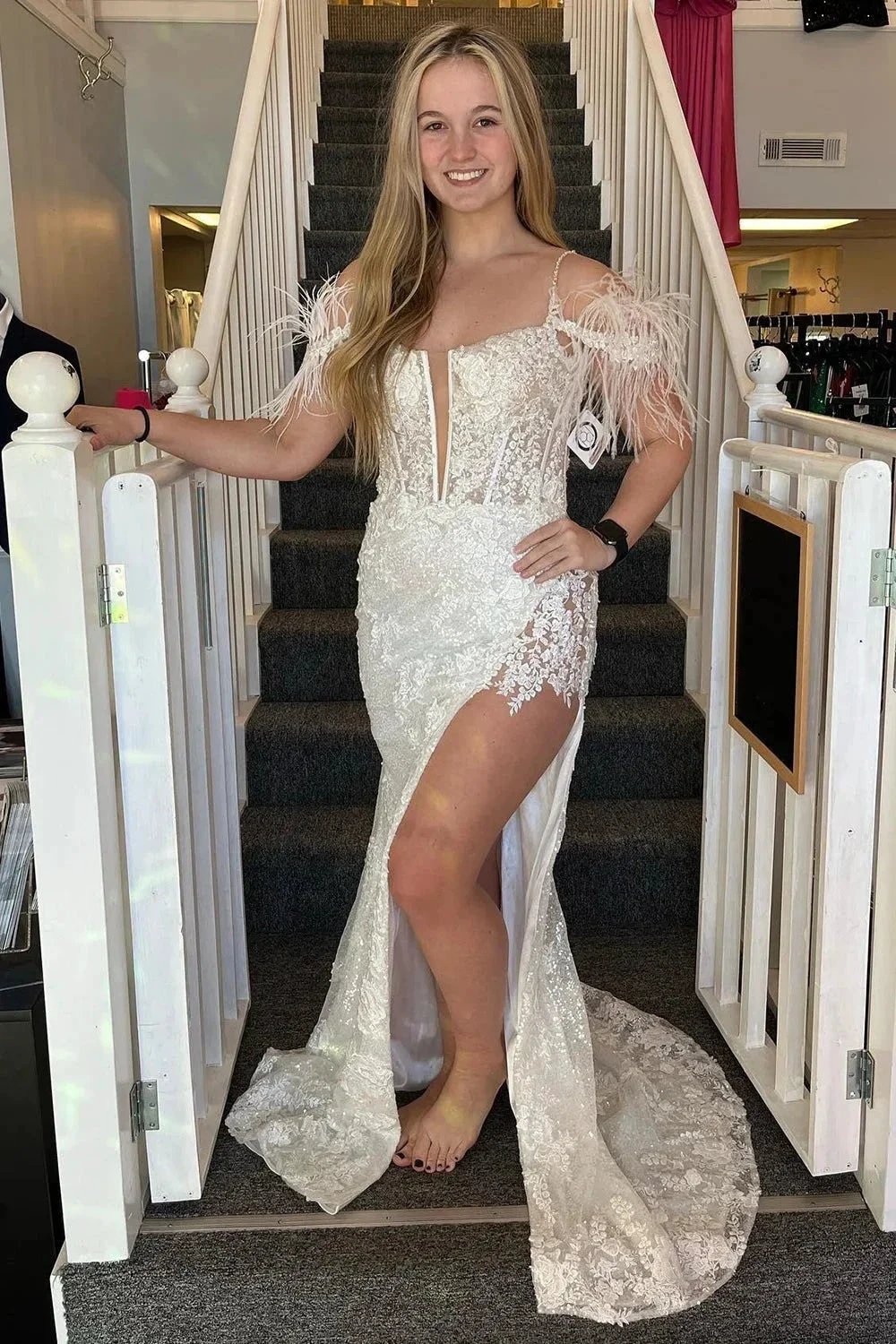 Pink Appliques Mermaid Split Prom Dress with Feathers PSK498 by pgmdress