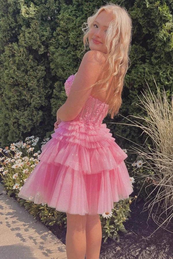 Appliques Strapless A-line Multi-Layers Pink Homecoming Dress PD502 by pgmdress