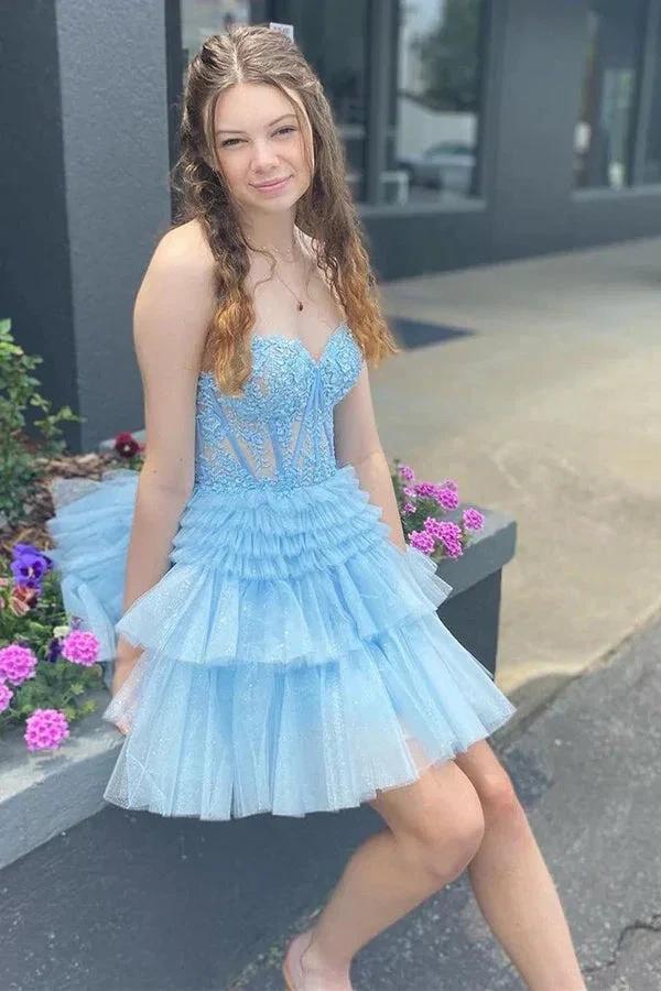 Appliques Strapless A-line Multi-Layers Pink Homecoming Dress PD502 by pgmdress