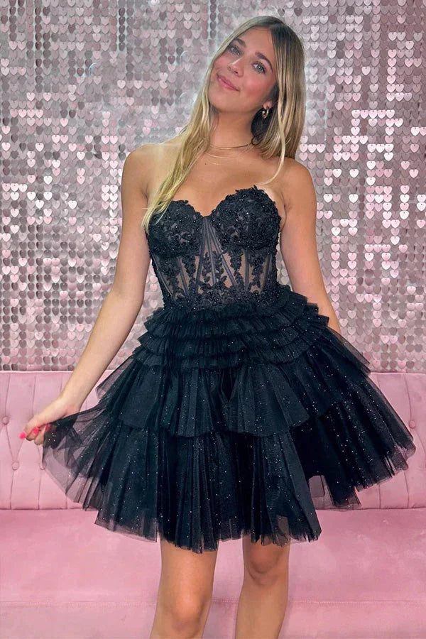 Appliques Strapless A-line Multi-Layers Pink Homecoming Dress PD502 by pgmdress