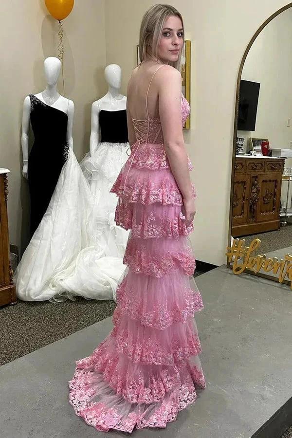 Pink Glitter Lace Appliques Ruffle Tiered Long Dress with Slit PSK499 by pgmdress