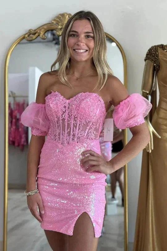 Pink Strapless Applique Bodycon Homecoming Dress wiith Sleeves PD542 by pgmdress