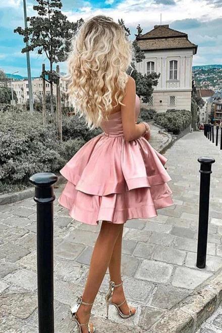 One Shoulder Homecoming Dress Satin Short Cocktail Dress SYH70 by vivymakudress
