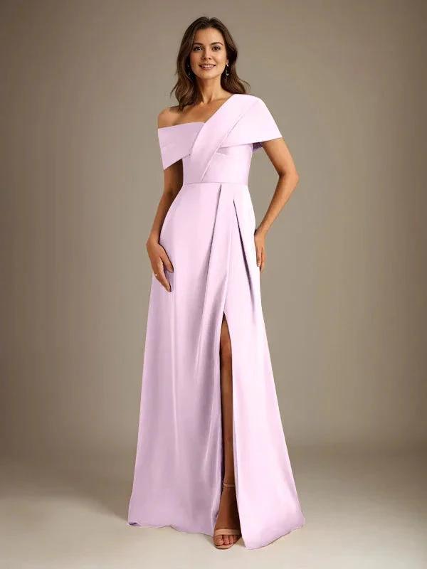 A-Line Asymmetrical Neckline Floor-Length Satin Mother of the Bride Dress With Pleated by Dreamylily