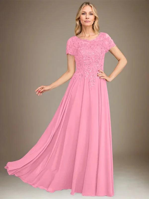 A-Line Scoop Floor-Length Chiffon Mother of the Bride Dress With Applique &amp; Sequins by Dreamylily