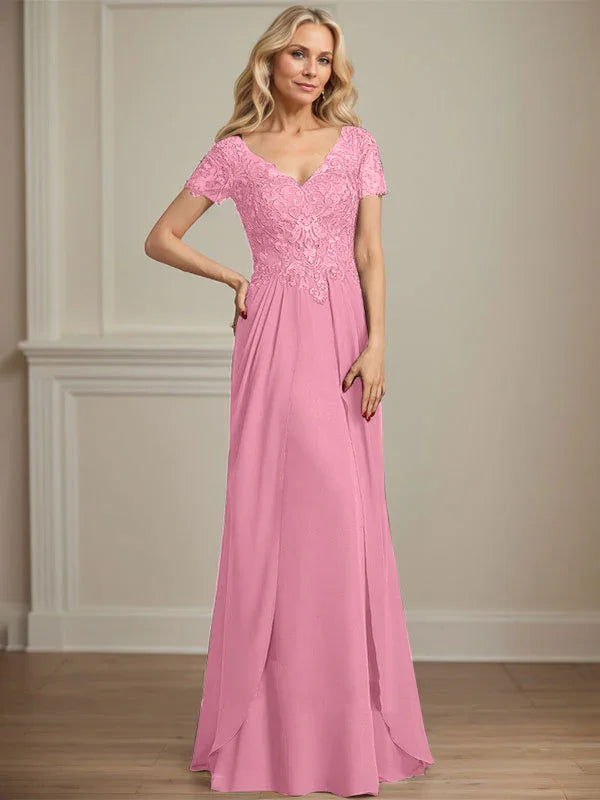 A-line V-Neck Floor-Length Chiffon Lace Mother of the Bride Dress by Dreamylily