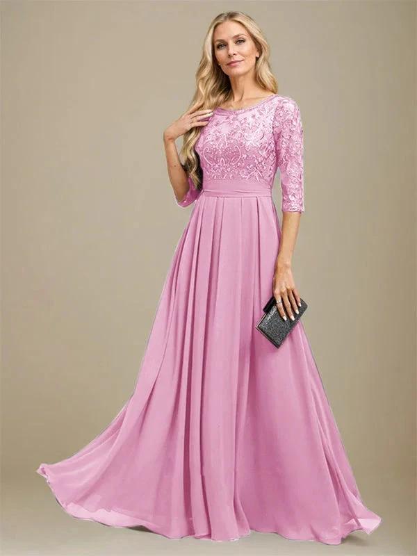A-Line Scoop Floor-Length Lace Chiffon Mother Of the Bride Dress With Sequins Applique by Dreamylily