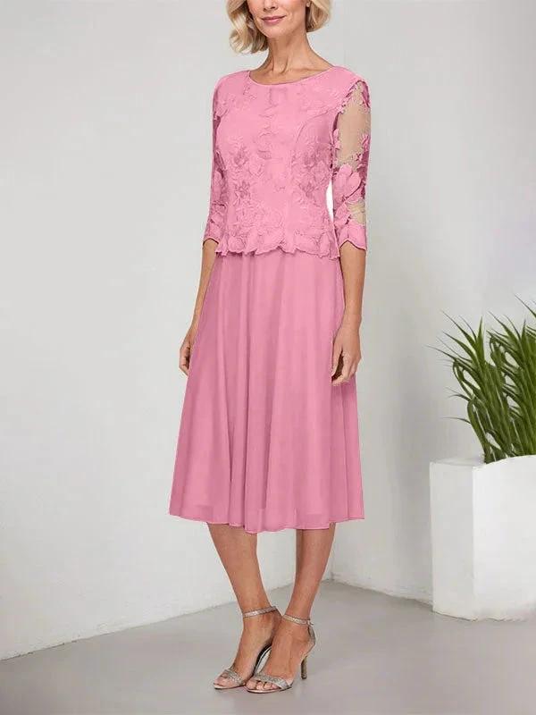 A-line Scoop Tea-Length Lace Chiffon Mother of the Bride Dress With Embroidery by Dreamylily