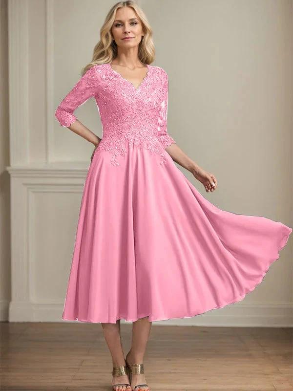 A-line V-Neck Tea-Length Chiffon Lace Mother of the Bride Dress With Beading Sequins by Dreamylily