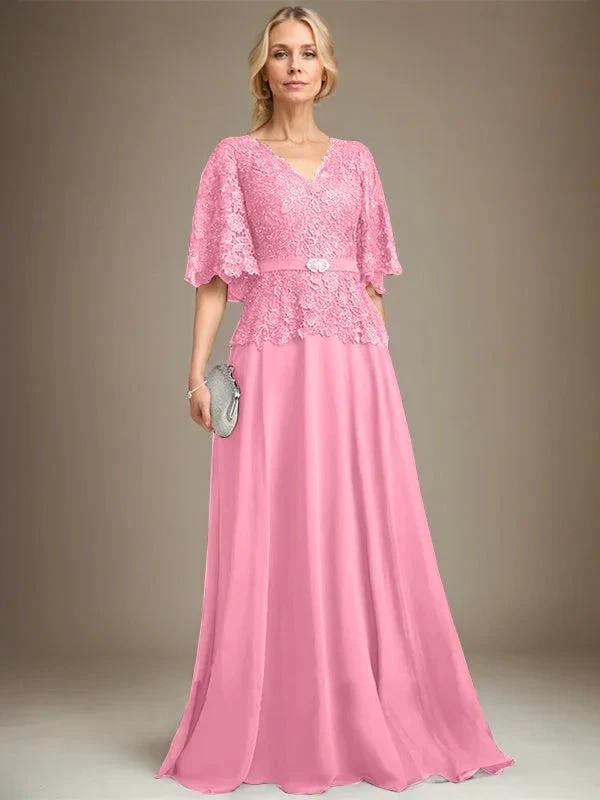 A-line V-Neck Floor-Length Chiffon Lace Mother of the Bride Dress With Crystal Brooch Rhinestone by Dreamylily
