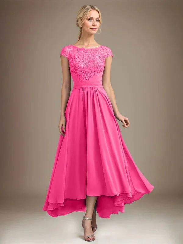 A-line Scoop Illusion Asymmetrical Lace Chiffon Mother of the Bride Dress With Pleated by Dreamylily