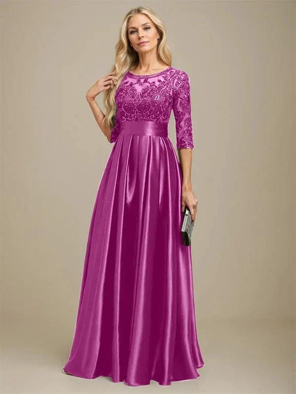 A-line Scoop Illusion Floor-Length Stretch Satin Lace Mother of the Bride Dress With Bow Sequins by Dreamylily