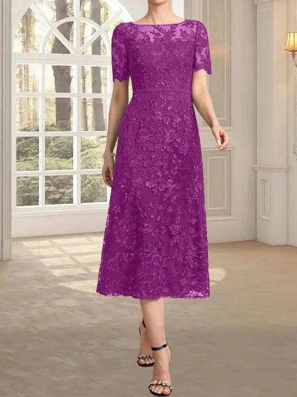 A-line Scoop Illusion Tea-Length Lace Mother of the Bride Dress With Sequins by Dreamylily