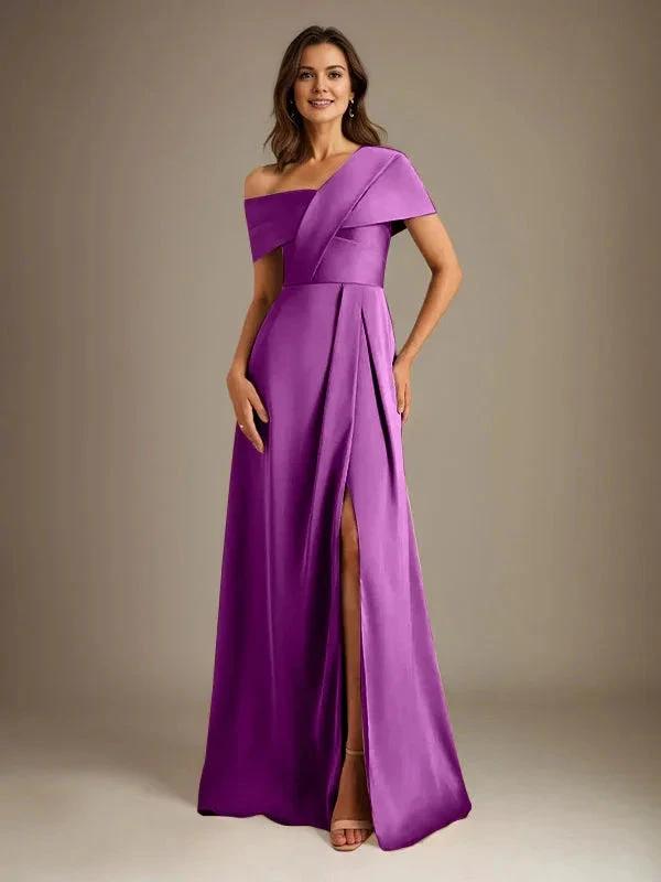 A-Line Asymmetrical Neckline Floor-Length Satin Mother of the Bride Dress With Pleated by Dreamylily