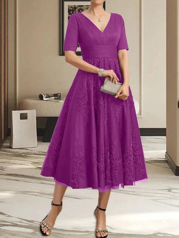 A-line V-Neck Tea-Length Tulle Lace Mother of the Bride Dress With Pleated by Dreamylily