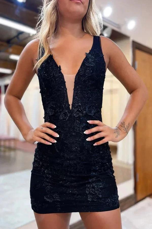 Plunging V-Neck Lavender Straps Appliques Illusion Homecoming Dress PD470 by pgmdress