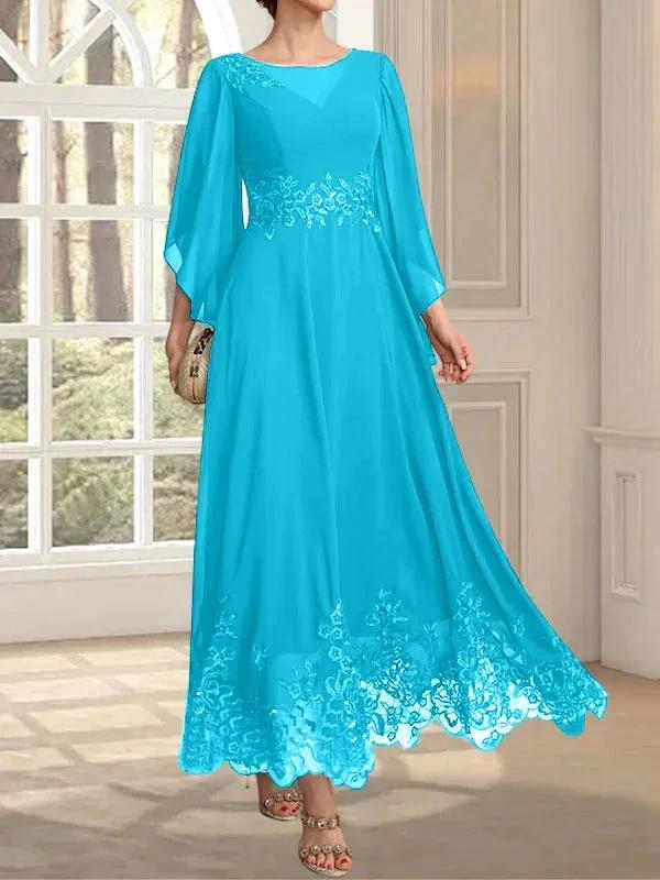 A-line Scoop Illusion Ankle-Length Lace Chiffon Mother of the Bride Dress With Sequins by Dreamylily