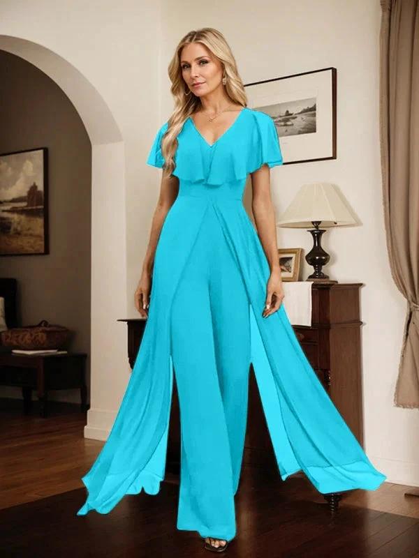 Jumpsuit/Pantsuit V-Neck Floor-Length Chiffon Evening Dress by Dreamylily