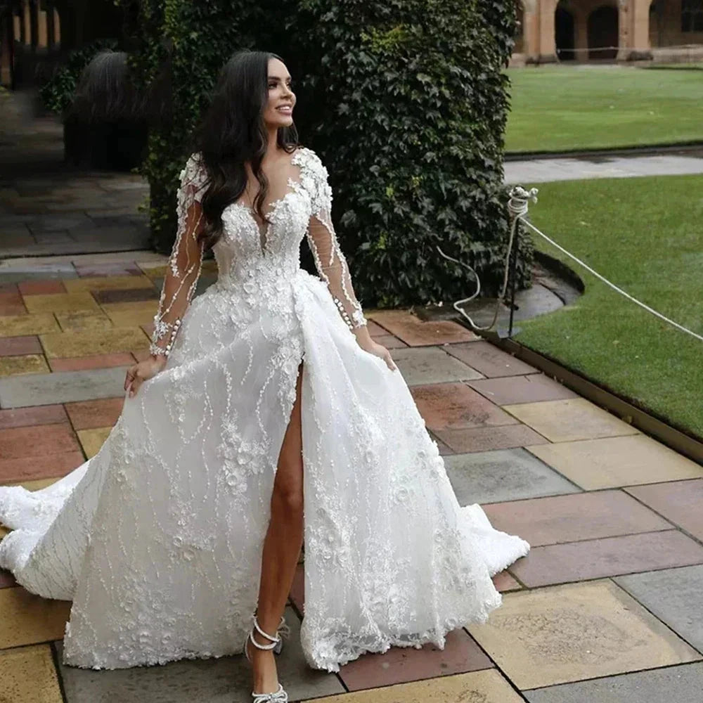 Pretty Gorgeous Long Sleeved Fluffy Beautiful High Fork Wedding Dresses Bridal V-Neck Appliques Bride Gown Beach Custom Made by payinti