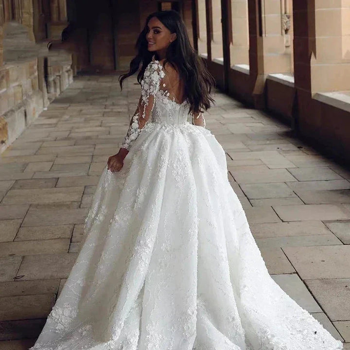 Pretty Gorgeous Long Sleeved Fluffy Beautiful High Fork Wedding Dresses Bridal V-Neck Appliques Bride Gown Beach Custom Made by payinti