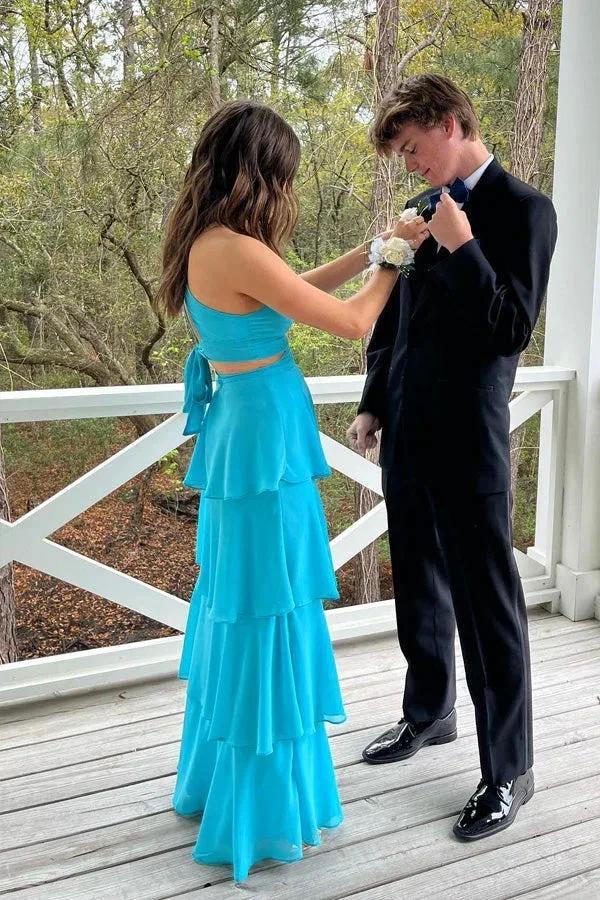 Pretty Cutouts Tiered Chiffon Blue Prom Dress Party Dress PSK610 by pgmdress