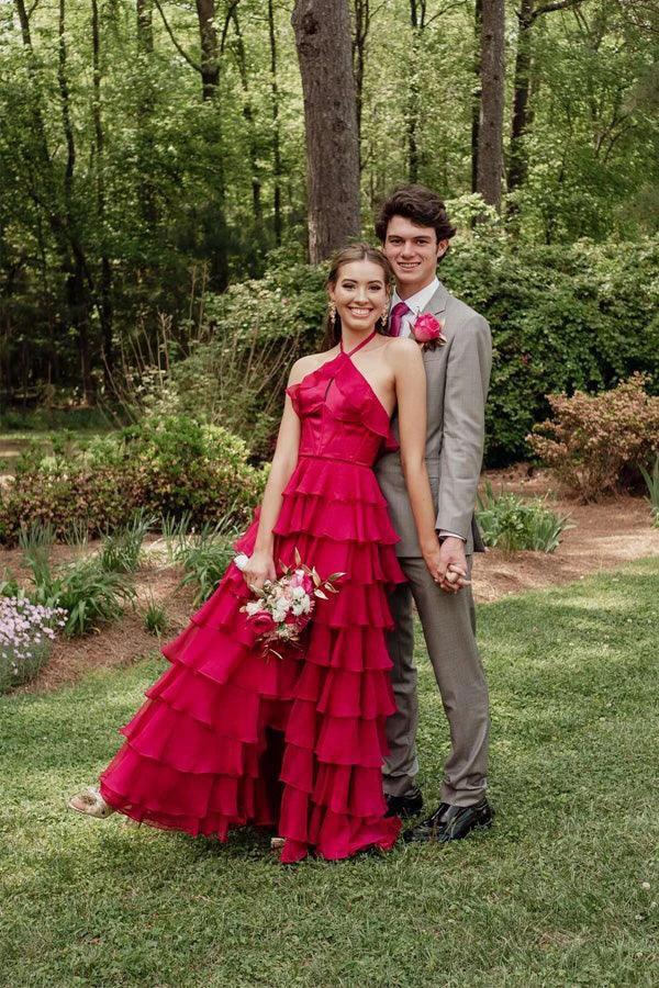 Pretty Halter Neck Ruffle Fuchsia Long Prom Dress PSK577 by Pgmdress