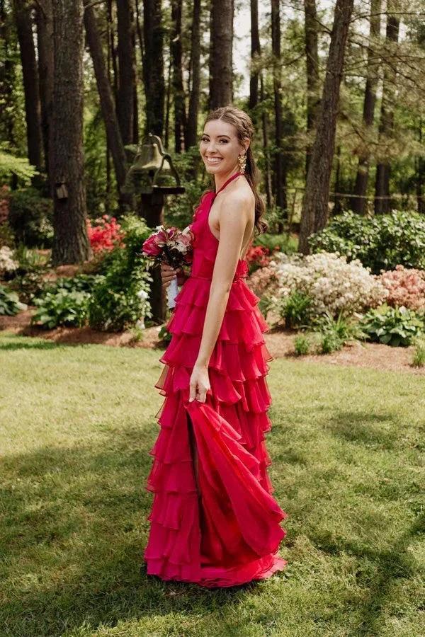 Pretty Halter Neck Ruffle Fuchsia Long Prom Dress PSK577 by Pgmdress