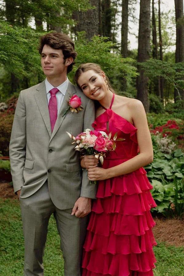 Pretty Halter Neck Ruffle Fuchsia Long Prom Dress PSK577 by Pgmdress