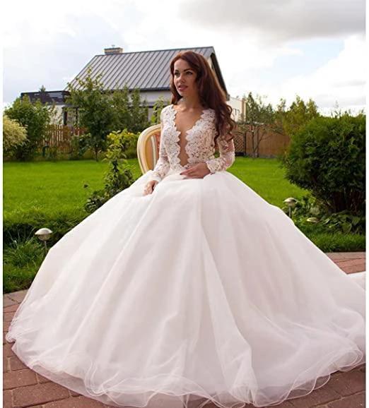 Princess A-Line V-Neck Tulle Ivory Long Sleeves Wedding Dresses WD181 by pgmdress