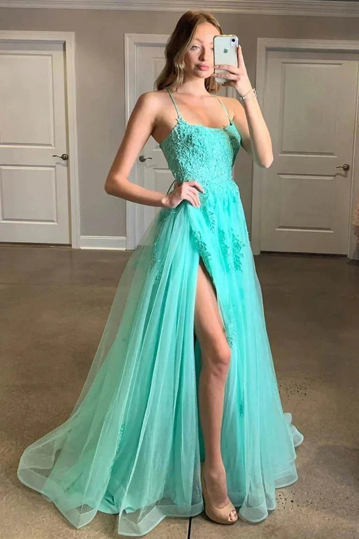 Yellow Prom Dress Appliqued With Slit SYP97 by vivymakudress