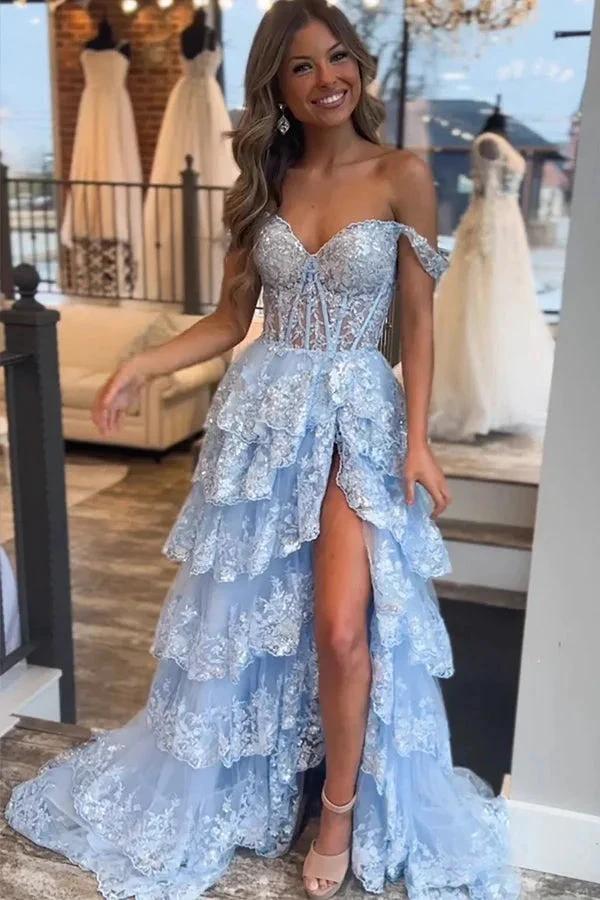 Princess Lace Tiered Stunning Blue Prom Dress With Lace Ruffles PSK516 by pgmdress