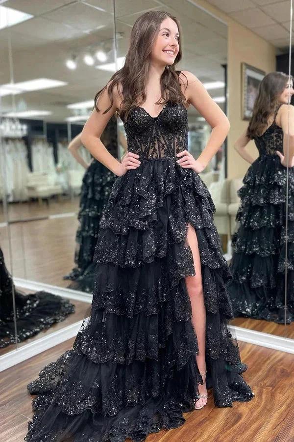 Princess Lace Tiered Stunning Blue Prom Dress With Lace Ruffles PSK516 by pgmdress