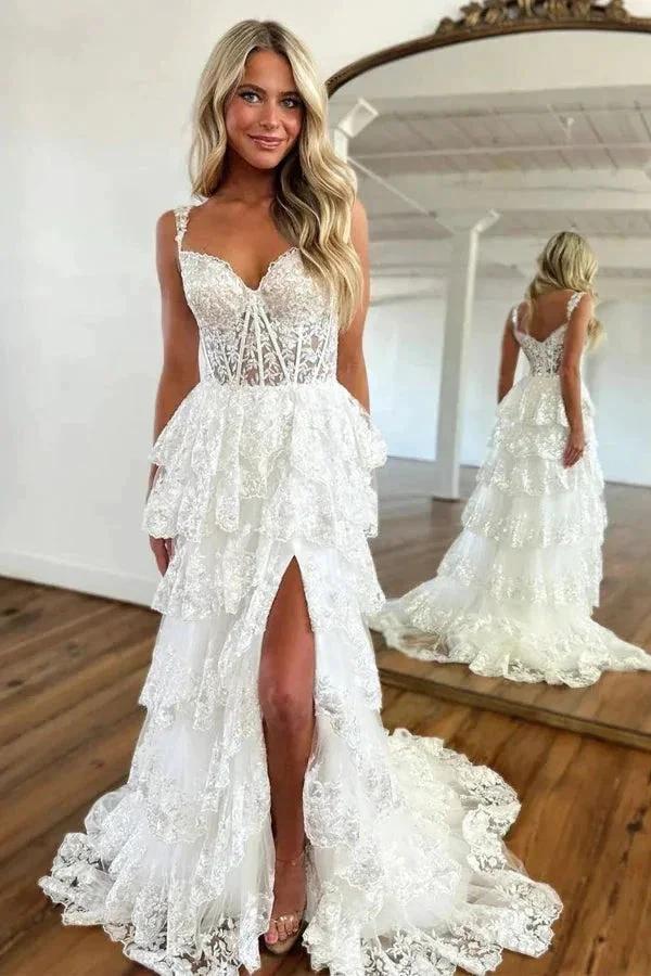 Princess Lace Tiered Stunning Blue Prom Dress With Lace Ruffles PSK516 by pgmdress