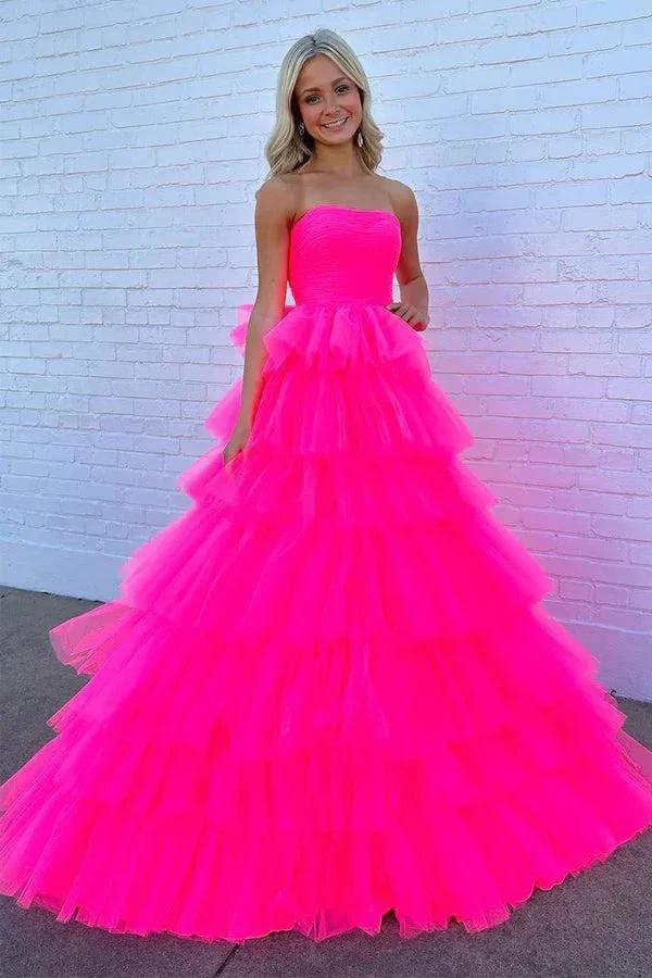 Princess Strapless Tiered Tulle Hot Pink Long Prom Dress PSK603 by pgmdress