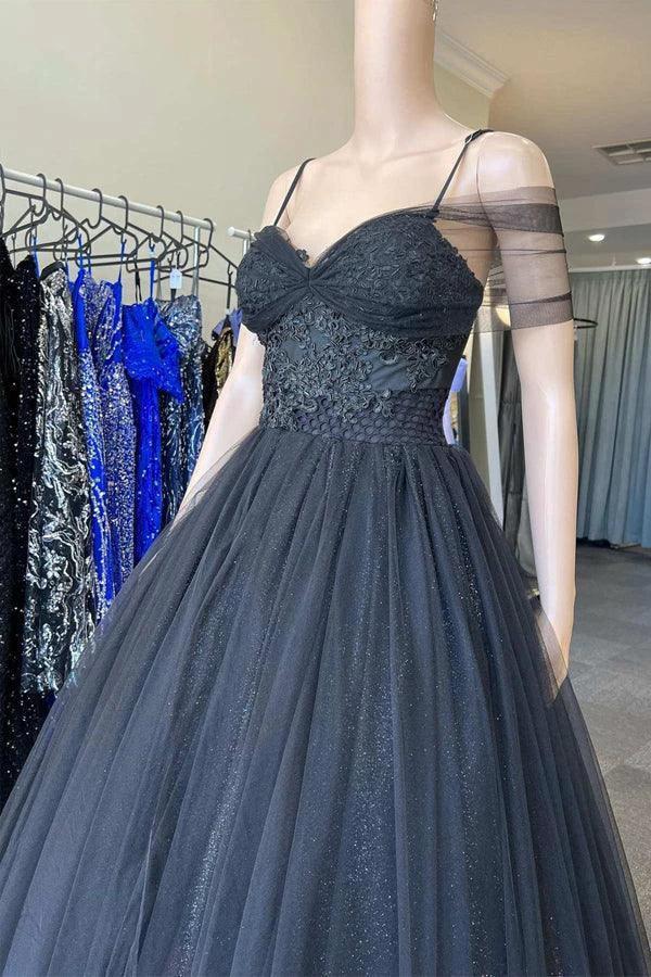 Princess Sweetheart Tulle Cold-Shoulder Black Long Prom Dress PSK378 by pgmdress